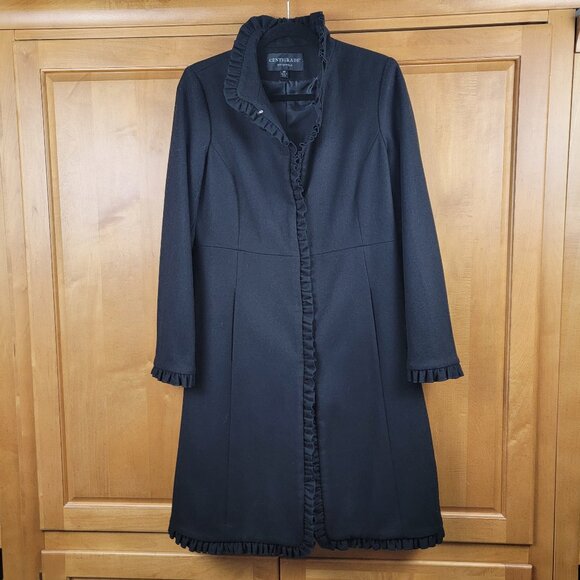 Centigrade Jackets & Blazers - Women's Centigrade Stylish Black Wool Blend Ruffle Overcoat - XS